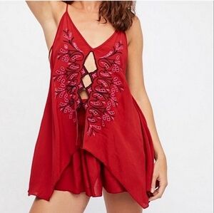 Free People Flowy Front Cutout Embroidered Tank Top Blouse Red XS
